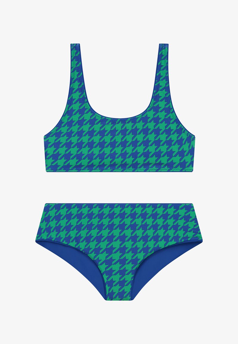 Dviejų dalių maudymosi kostiumėlis su mėlynos ir žalios spalvos šunų dantų raštu, pagamintas iš tamprios medžiagos, su kvadratiniu iškirpimu viršuje.