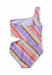 Bikini med en axel, i diagonala ränder av rosa, lavendel, gult, marinblått och vitt, samt en öppning på vänster sida.