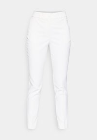 Biezi baltie stāvu bikses ar priekšējiem kabatām, jostas cilpām un pogu aizdari jostasvietā.