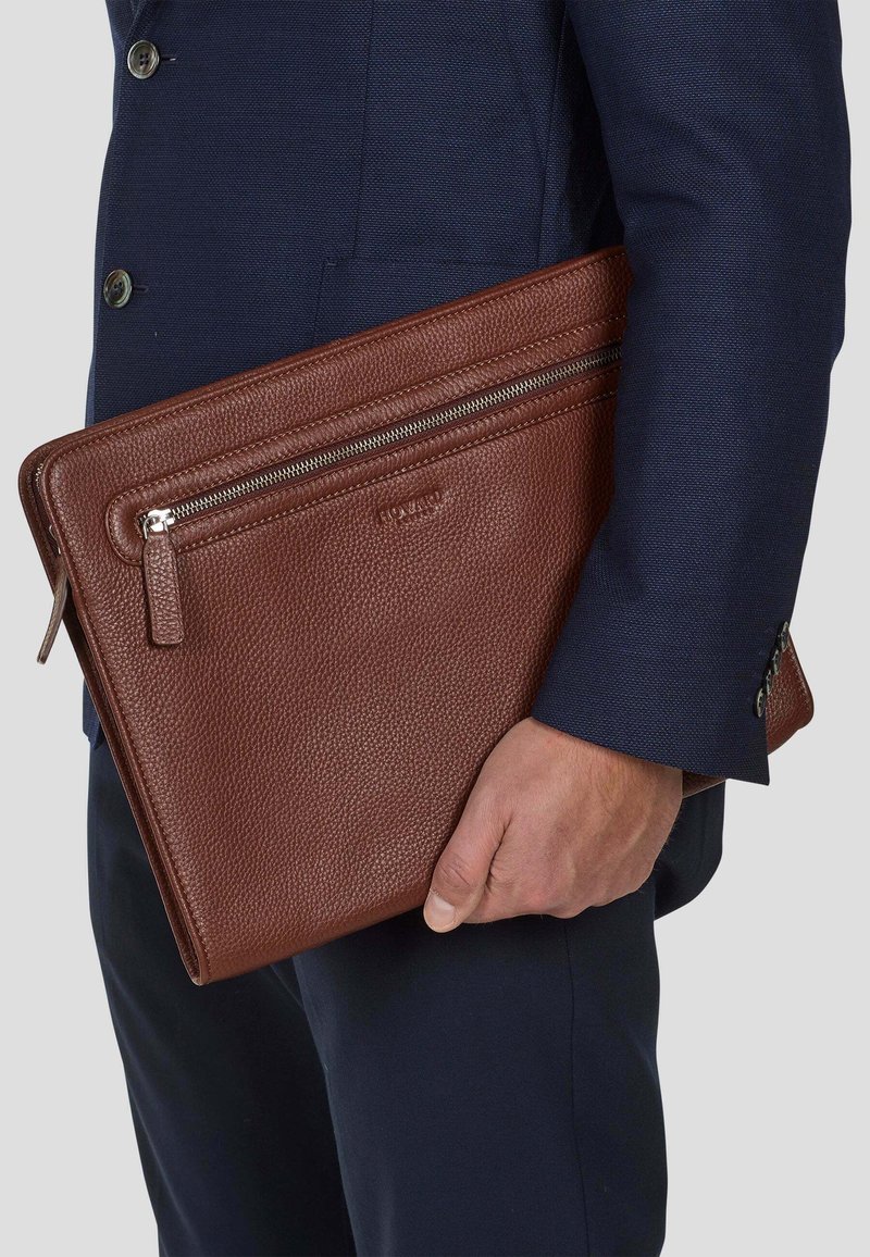 Brun lær dokumentsak med en teksturert finish, med glidelås på toppen og en utvendig lomme, holdt av en hånd i et marineblått dress.