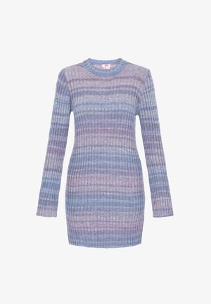 Csíkos, hosszú ujjú ruha kék és lila árnyalatokban, kerek nyakkivágással és testhez simuló fazonnal. Puha tapintású, térd fölé érő hosszal.