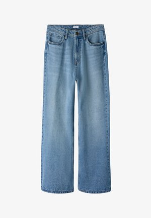 Hellblaue, hochtaillierte Jeans mit weitem Bein, vorderen Taschen, Gürtelschlaufen, Knopfverschluss und dezenten, ausgewaschenen Details.