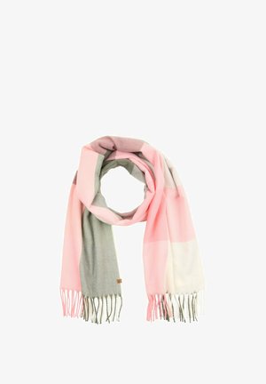 Écharpe multicolore avec des blocs roses, gris et blancs, fabriquée en matériau doux, avec des bords à franges et une petite étiquette de marque.
