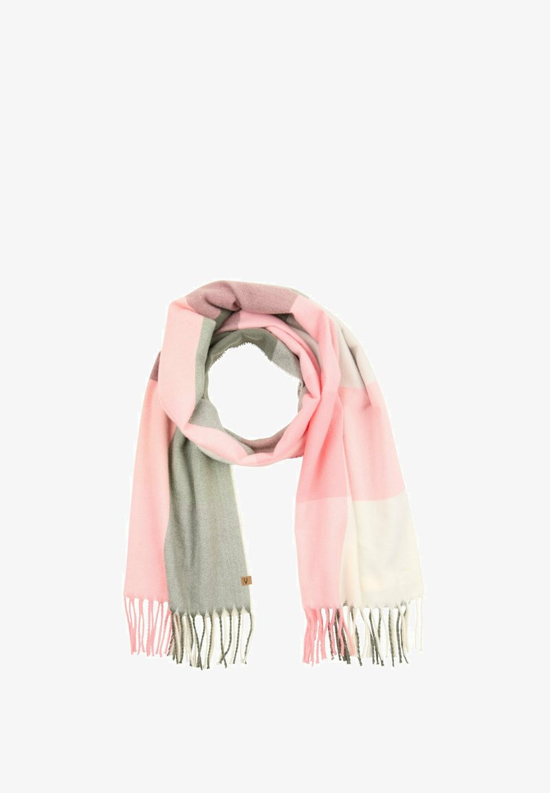 Mønstret tørklæde i flere farver med pink, grå og hvide felter, lavet af blødt materiale, med frynsekant og et lille mærke.
