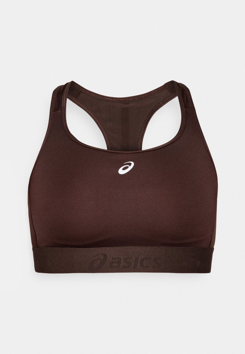 Braun Sport-BH mit Racerback-Design, aus glattem Stoff gefertigt. Mit einem Asics-Logo auf der Vorderseite und einem breiten, einfarbigen Unterband.