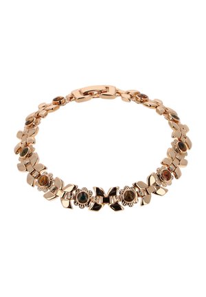 Armband in Goldton mit abwechselnd blattförmigen Gliedern und runden Fassungen mit mehrfarbigen Steinen, gesichert mit einem rechteckigen Verschluss.
