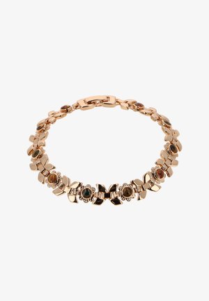 Armband met goudkleurige toon, bestaande uit afwisselend bladerenvormige schakels en ronde multicolorstenen, bevestigd met een rechthoekige sluiting.