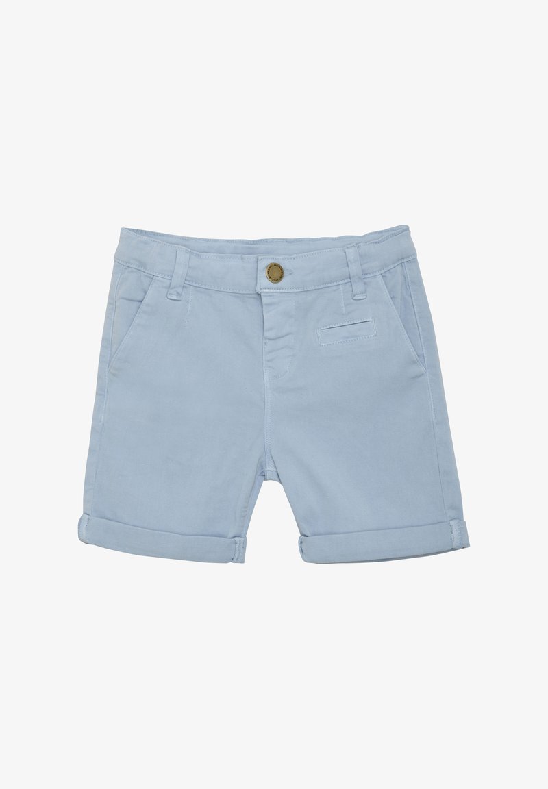 Svetlomodré bavlnené šortky s prehnutými manžetami, so prednými vreckami, zapínaním na gombík a malým zadným vreckom. Hladká textura a jednoduchý dizajn.