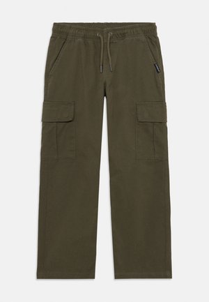 Olive green cargo pants with elastic waistband, drawstring, side flap pockets, and front side hand pockets on a white background.
