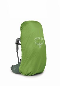 Housse de pluie pour sac à dos Osprey en vert vif avec une texture lisse. Présente un logo blanc et un design élastique ajustable pour un bon ajustement.