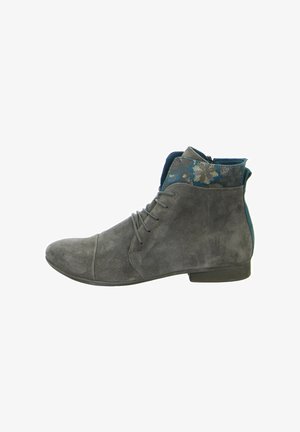 Gray suede ankle boots with a rounded toe, lace-up front, and floral-patterned textile detail at the collar. Black rubber sole.