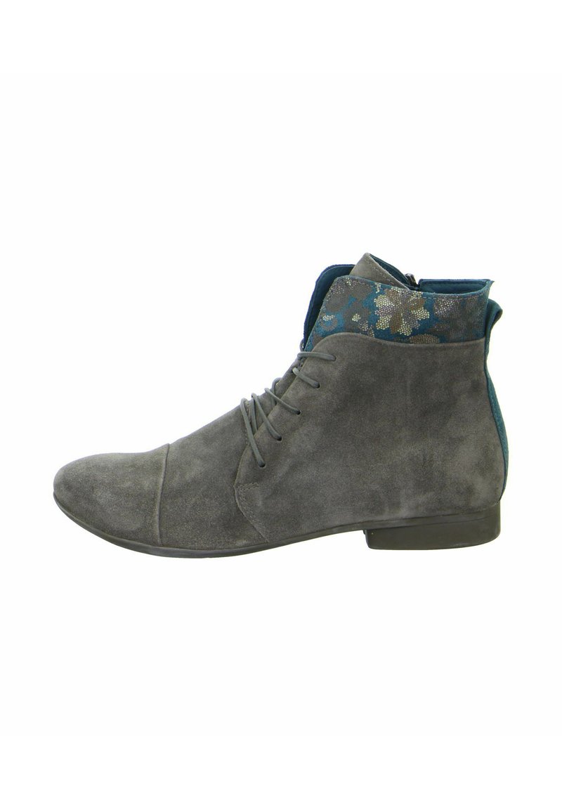 Gray suede ankle boots with a rounded toe, lace-up front, and floral-patterned textile detail at the collar. Black rubber sole.
