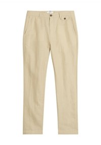 Pantaloni beige realizzati in un tessuto leggero, con una vestibilità slim, due tasche laterali e una chiusura con bottone con dettagli marroni.