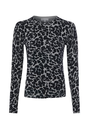 Cardigan con bottoni a maniche lunghe con stampa leopardata nera su sfondo grigio, piccolo scollo rotondo e polsini aderenti.