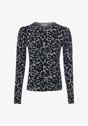 Langärmliger Cardigan zum Knöpfen mit schwarzem Leopardenmuster auf grauem Hintergrund, kleinem rundem Ausschnitt und eng anliegenden Bündchen.