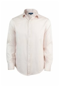 Camisa de manga larga rosa claro con cuello abotonado, sutil patrón texturizado y cierre frontal de botones. Los puños cuentan con botones a juego.