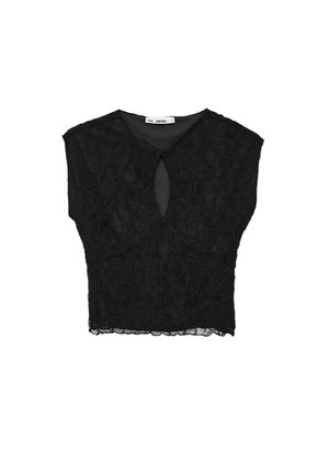 Schwarze Spitzenbluse mit kurzen Ärmeln, kleinem Schlüsselloch-Ausschnitt vorne und einem wellenförmigen Saumdetail.
