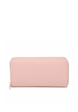 Rectangular zip-around wallet in soft pink faux leather, featuring a gold-tone zipper and embossed brand logo on the front. Smooth texture.