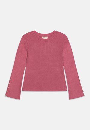 Ribbed pink pullover with long sleeves, featuring button accents at the cuffs, round neckline, and a fitted design. Made from soft fabric.