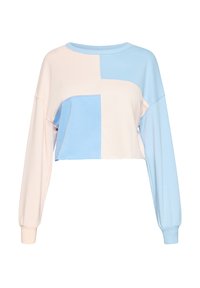 Felpa corta con maniche lunghe, caratterizzata da un design geometrico rosa e blu pastello. Realizzata in materiale morbido e leggero; colletto a coste.