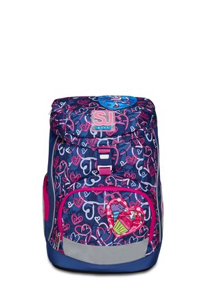 Zaino blu navy con motivi a cuore rosa, dotato di una tasca frontale con una grafica di un gelato e un prominente logo "SJ".