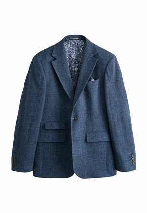 Blauer Herrenblazer im Fischgrätmuster mit Kerbärmeln, zwei Pattentaschen, einer Brusttasche mit gemustertem Einstecktuch und dekorativen Knöpfen an den Manschetten.