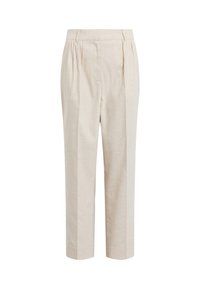 Beżowe lniane spodnie z wysokim stanem, plisami z przodu, prostymi nogawkami i kieszeniami bocznymi. Charakteryzują się gładką fakturą i dopasowanym krojem.