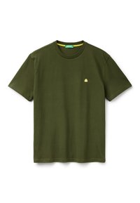 Olivově zelené bavlněné tričko s kulatým výstřihem, krátkými rukávy a malým žlutým logem chobotnice na levé straně hrudi. Hladká textura.