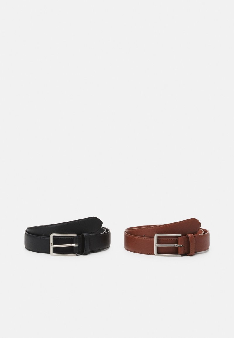 Two leather belts, one black and one brown, feature silver buckles. Both have a smooth texture and a classic, minimal design.