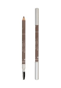 Matita per sopracciglia marrone con una punta appuntita da un lato e un pennello dall'altro. Il packaging presenta un cappuccio metallico argentato e il testo del marchio.