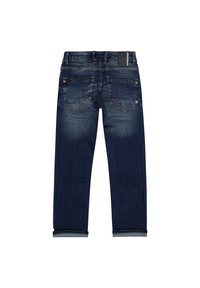 Vaqueros de mezclilla con un lavado azul oscuro, con corte recto, puños rematados, dos bolsillos traseros y una etiqueta de marca en la cinturilla.