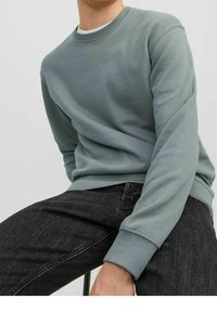 Jasnozielona bluza z okrągłym dekoltem wykonana z miękkiej tkaniny, z prążkowanymi ściągaczami na rękawach i u dołu, w połączeniu z ciemnymi dżinsami. Prosty design bez wzorów.
