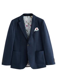 Blazer bleu marine avec des revers crantés, tissu texturé, deux poches avant et une doublure à motifs floraux. Comprend un mouchoir.