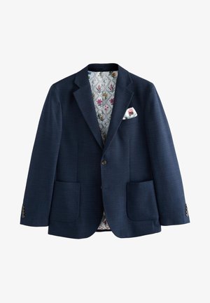 Blazers bleumarin cu rever ascuțit, fabrică texturată, două buzunare frontale și căptușeală cu model floral. Include un batic.