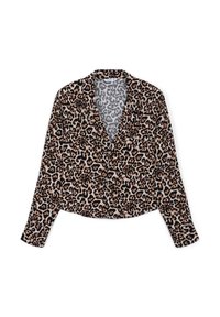Blazer in stampa leopardata realizzato in un tessuto morbido. Presenta maniche lunghe, un colletto e un design corto con tonalità di beige, marrone e nero.