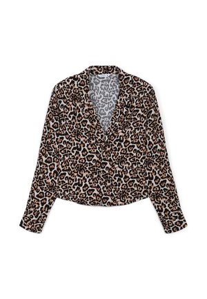 Blazer in stampa leopardata realizzato in un tessuto morbido. Presenta maniche lunghe, un colletto e un design corto con tonalità di beige, marrone e nero.
