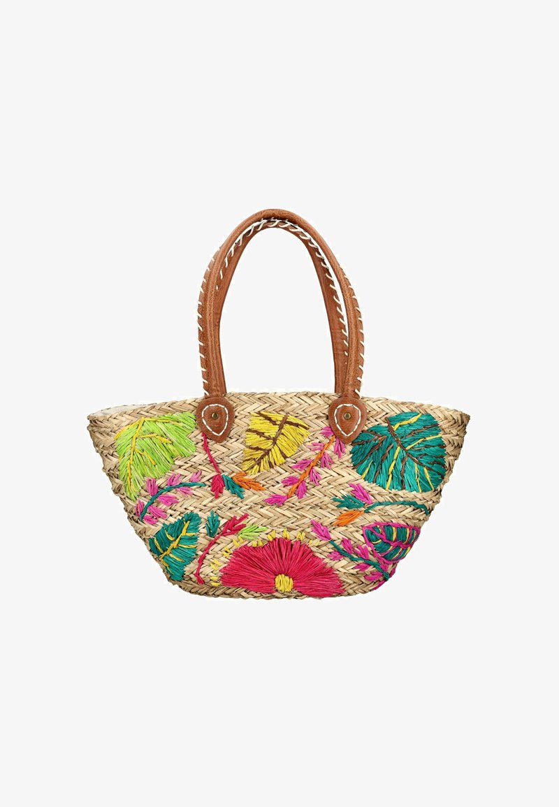 Sac cabas en paille tissée avec des poignées en cuir marron, décoré de feuilles tropicales brodées colorées et de fleurs.