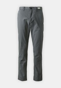Pantalons en coton gris avec une texture lisse, dotés d'une fermeture à bouton, de passants de ceinture et de jambes droites. Design minimaliste sans motifs.