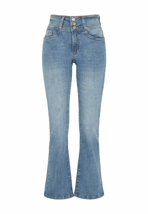 Blå denimbyxor med utsvängda ben och hög midja, treknapsstängning, framfickor och en lätt sliten textur.