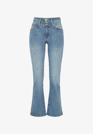 Blå denim flared jeans med høj talje, tre-knaps lukning, forlommer og en let slidt tekstur.