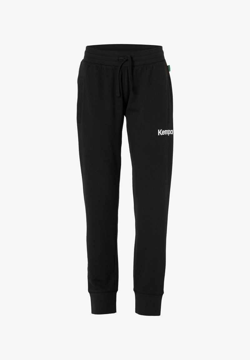 Zwarte katoenen joggingbroek met elastische tailleband, trekkoord, zijklinken en witte 'Kemp'-logo op het linkerpoot. Aansluitende boorden bij de enkels.