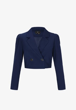 Marineblaues, kurzes Sakko mit langen Ärmeln, breiten Revers, leicht gepolsterten Schultern und zwei silbernen Knöpfen auf der Vorderseite.
