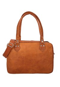 Leren schoudertas in tan kleur met twee bovenhandvatten, een afneembare schouderband en zilveren hardware accenten. Gevoerde afwerking met rechthoekige vorm.