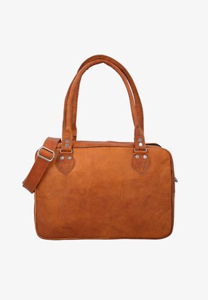 Borsa a spalla in pelle di colore nocciola con due manici superiori, tracolla removibile e dettagli in metallo argentato. Finitura testurizzata con forma rettangolare.