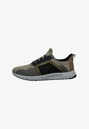 Sport sneakers featuring a knitted upper in gray and olive with black accents, a textured side panel, and a white sole with rubber grip.