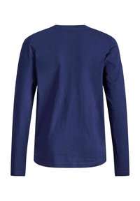 Granatowa, długorękawowa koszulka typu T-shirt wykonana z gładkiego materiału. Posiada okrągły dekolt i prosty brzeg, bez widocznych wzorów czy akcentów.