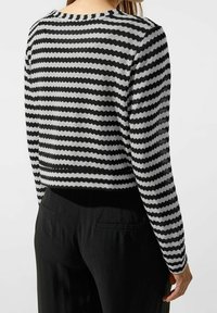 Černobílé pruhované cropped svetr s dlouhými rukávy. Cik-cak vzor na měkkém povrchu. Design s kulatým výstřihem. Kombinováno s černými kalhotami.