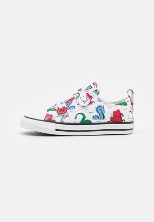White canvas sneakers with red, green, and blue whimsical sea creature patterns; features Velcro straps and a black rubber sole.