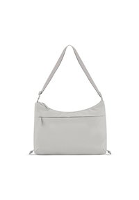 Borsa crossbody grigia chiara in materiale sintetico liscio, con parte superiore arrotondata, tracolla regolabile e una tasca con cerniera sicura.