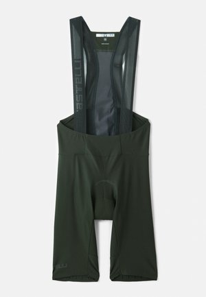 Cuissards de cyclisme vert foncé avec bretelles en mesh, zone de siège rembourrée et accents réfléchissants. Tissu lisse et extensible pour le confort.